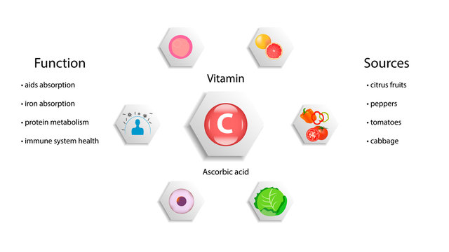Vitamin C vector design. Vitamin C function and sources. Ascorbic acid