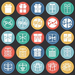 Gift icons set on color circles black background for graphic and web design, Modern simple vector sign. Internet concept. Trendy symbol for website design web button or mobile app