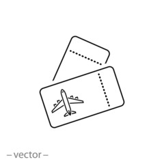 ticket on plane icon, aircraft travel linear sign on white background - vector illustration eps10