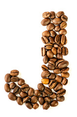 J letter made from coffee beans isolated on white background
