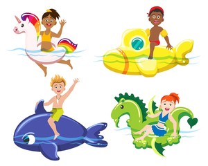 Children and lifebuoys. Kids on rubber toy swim rings, boys and girls summer beach lifesavers isolated on white background, vector illustration