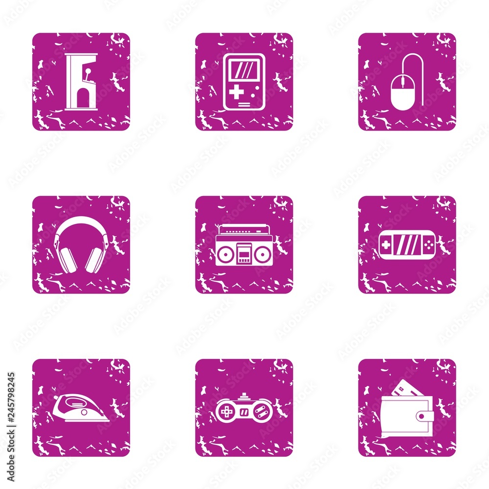 Poster game controller icons set. grunge set of 9 game controller vector icons for web isolated on white ba