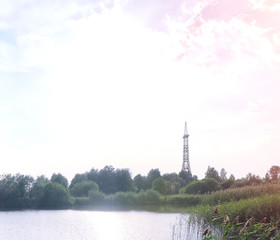 Landscape lake. Texture of water. The lake is at dawn. The mouth of the river at the confluence of...
