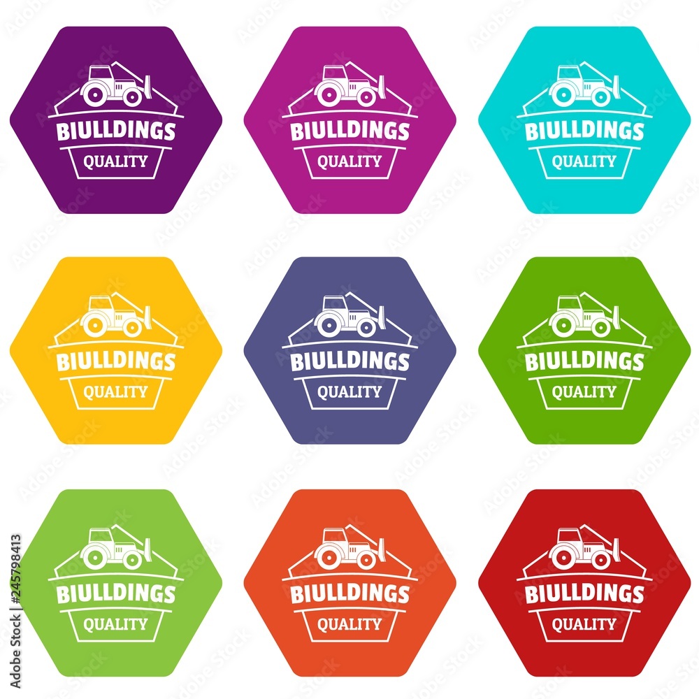 Poster building quality icons 9 set coloful isolated on white for web