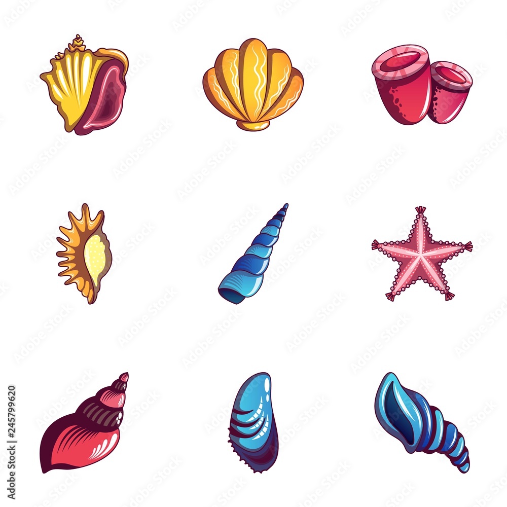 Poster cockleshell icons set. cartoon set of 9 cockleshell vector icons for web isolated on white backgroun
