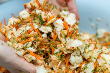 Cooking cabbage and hands