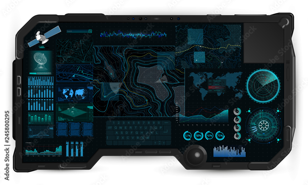 Poster Command Center Screen in tablet HUD. Topographic Map, Contour. Futuristic Interface Elements and Earth Landscape Scanning. Concept of a Conditional Geography Scheme in HUD Style. Vector elements set