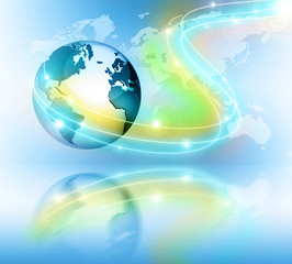 Best Internet Concept of global business. Globe, glowing lines on technological background. Electronics, Wi-Fi, rays, symbols Internet, television, mobile and satellite communications