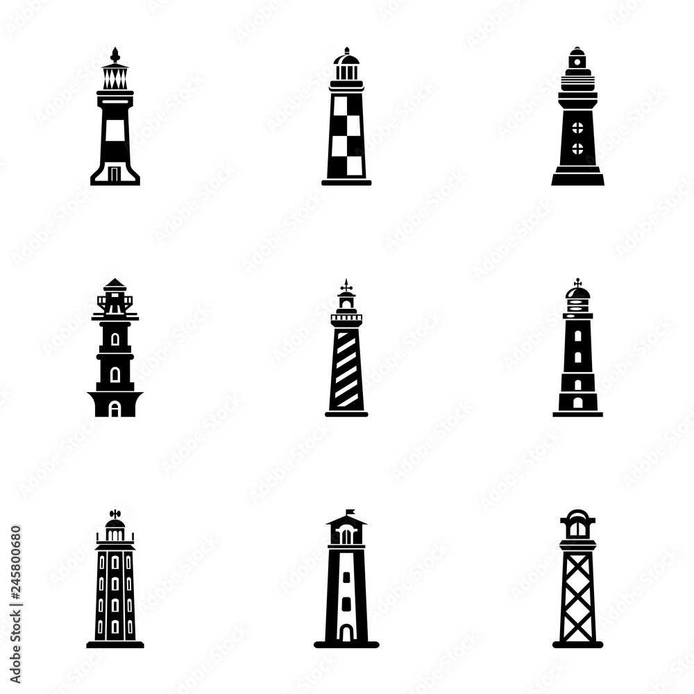 Poster tower light icons set. simple set of 9 tower light vector icons for web isolated on white background