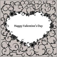 Beautiful greeting frame in the form of a heart. Happy Valentine's Day. Heart in vintage style of roses and ornate branches. Postcard, invitation, greeting, wedding. Black pattern, silver background.