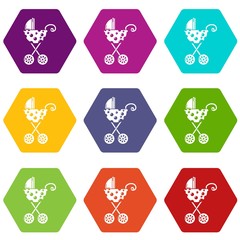 Baby carriage elegant icons 9 set coloful isolated on white for web