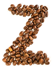 Z letter made from coffee beans isolated on white background