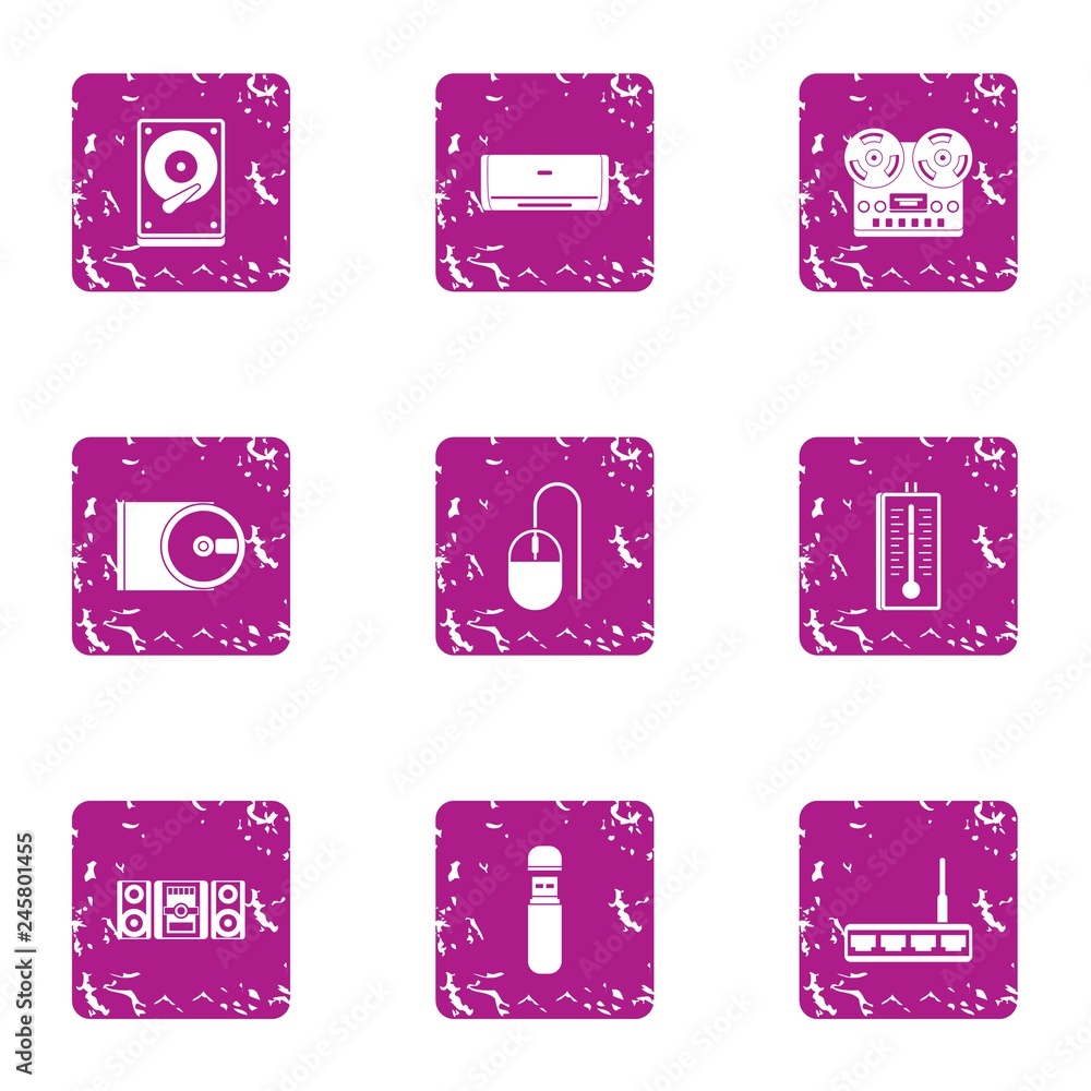 Poster remote record icons set. grunge set of 9 remote record vector icons for web isolated on white backgr