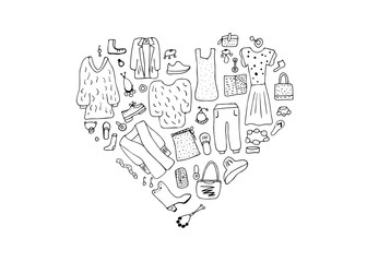 Woman clothes and accessories set in doodle style.