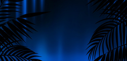 Neon, empty stage, wall, background with bright lighting, night city, night view. Tropical leaves.