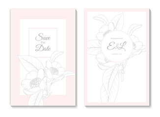 Wedding marriage event invitation card template. Camelia flowers leaves. Detailed outline drawing.