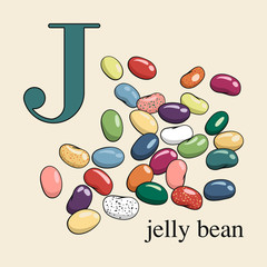 Letter J with jelly beans. Illustrated English alphabet with sweets.