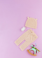 Knitted hat and pants for newborn baby, dummy and horse gingerbread on violet background