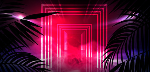 Neon, empty stage, wall, background with bright lighting, night city, night view. Tropical leaves.