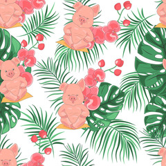 Exotic Floral Background with Piglet. Abstract wild seamless floral pattern with cute piglets in lotus position. Tropical vector seamless floral print with funny piglets. Vector illustration. © diluck