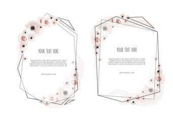 Set Vector floral design card. Greeting, postcard wedding invite template. Elegant frame with rose and anemone