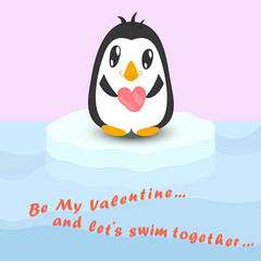 Cute Penguin with Stone in Heart Shape on Iceberg