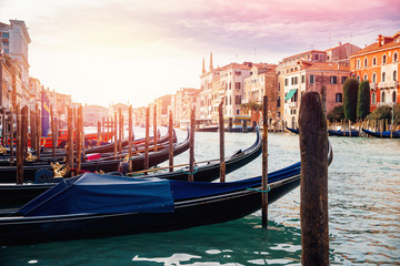 Fototapeta na wymiar Row gondolas boats on Grand Canal Venice. Concept banner site.