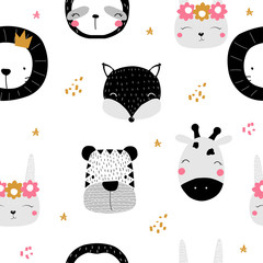 Seamless pattern with monochrome animals faces. Cute kids print. Vector hand drawn illustration.