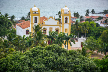 Fototapeta na wymiar Aerial view of the historical Carmo church in Olinda, Pernambuco, Brazil with its Baroque style and construction dated from the 17th century.