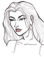 Graphic illustration of beautiful young woman. Portrait of a girl on white background