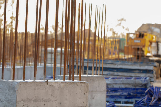 reinforced concrete wall of a multi-storey building in the process of construction. close up
