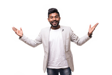 Yes, he did it. Portrait of hipster indian bearded man raised hands isolated on white background