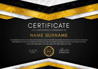 Certificate template with geometry frame and gold badge. Black background design for Diploma, certificate of appreciation, achievement, completion, of excellence, award