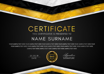 Certificate template with geometry frame and gold badge. Black background design for Diploma, certificate of appreciation, achievement, completion, of excellence, award