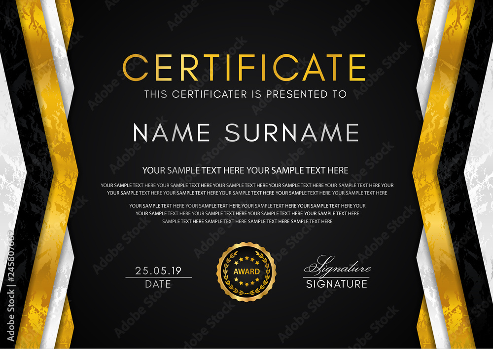 Wall mural certificate template with geometry frame and gold badge. black background design for diploma, certif