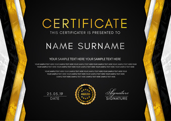 Certificate template with geometry frame and gold badge. Black background design for Diploma, certificate of appreciation, achievement, completion, of excellence, award