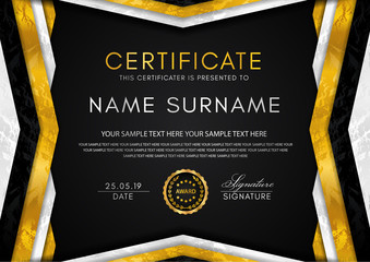 Certificate template with geometry frame and gold badge. Black background design for Diploma, certificate of appreciation, achievement, completion, of excellence, award