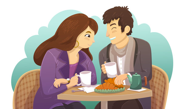 Couple sitting at a table and drinking coffee with croissant in a street cafe. Woman with brown hair and violet vest. Vector illustration isolated on a white background.