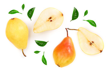 ripe red yellow pear fruits with leaves isolated on white background. Top view. Flat lay pattern