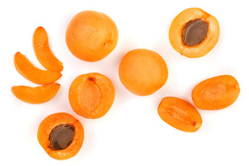 Apricot fruits isolated on white background. Top view. Flat lay pattern