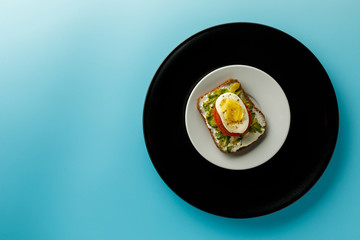 sandwich on blue background. bread, egg, tomato, avocado.