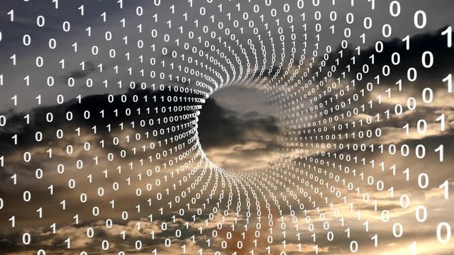 Artistic cloud timelapse sky with computer binary number data tunnel motion background. 