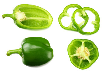 cut slices of green sweet bell pepper isolated on white background top view