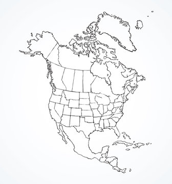 North American continent with contours of countries. Vector drawing