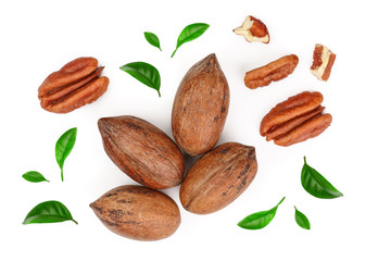 pecan nut decorated with green leaves isolated on white background. Top view. Flat lay