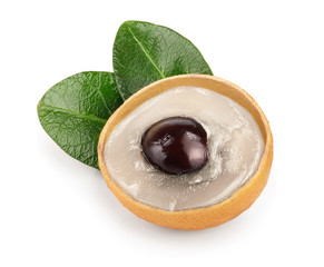 Fresh longan fruit with leaves isolated on white background