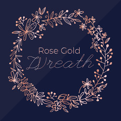Golden rose vector floral wreath. Flower wedding invitation template