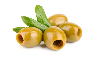 Green olives with leaves isolated on a white background