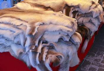 Reindeer pelts for sale in Lapland Finland