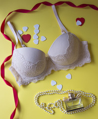 Woman fashion accessories, underwear, bouquet of roses, parfume, jewelry, on yellow background....
